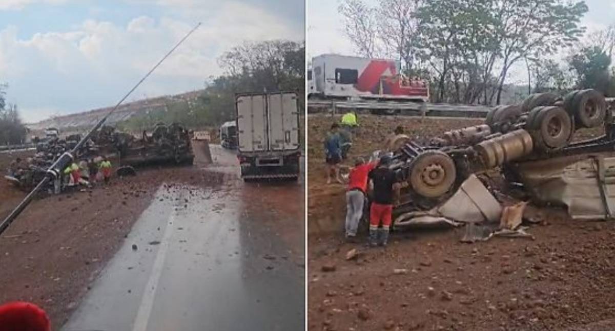 Motorista morre depois de carreta capotar no canteiro central da BR-364