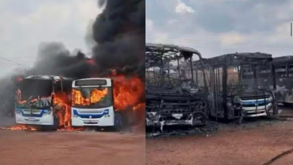 Incêndio destrói ônibus em garagem de frigorífico