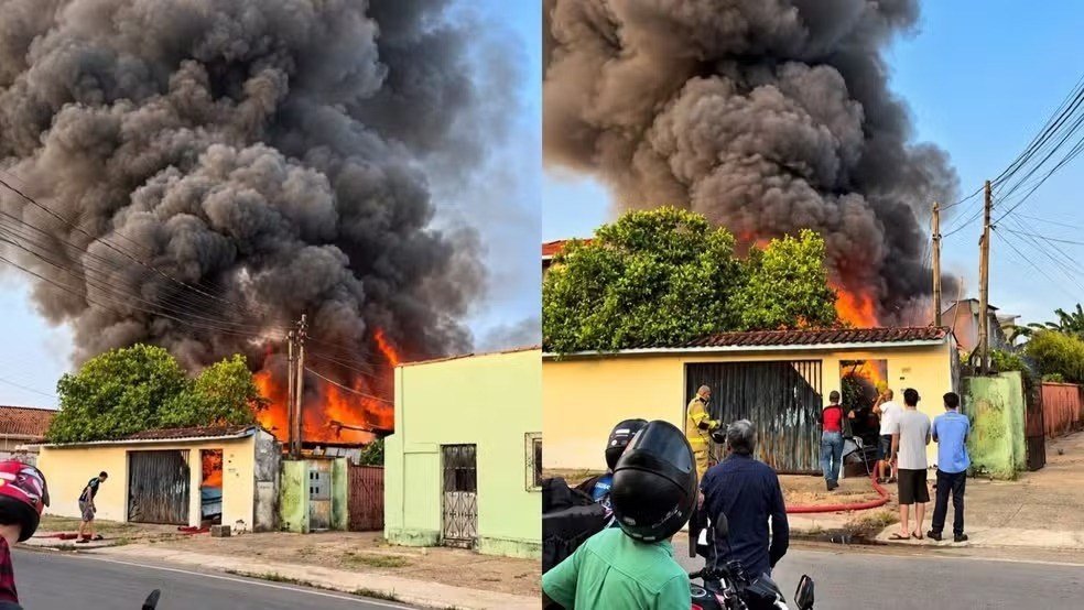 Incêndio destrói residência em Ji-Paraná e mobiliza bombeiros para evitar que fogo atinja imóveis vizinhos
