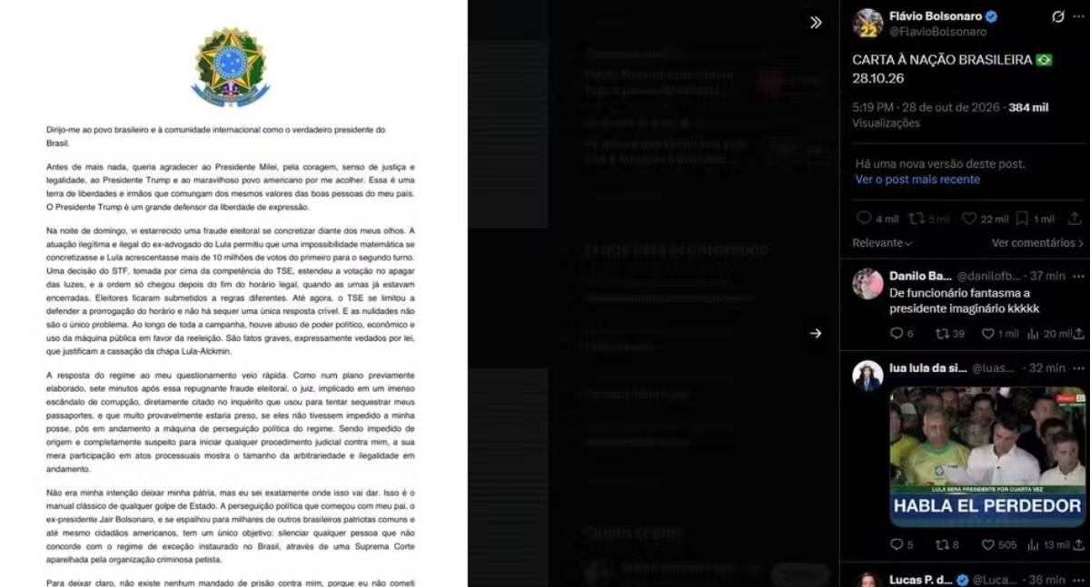 Flávio Bolsonaro se diz ‘presidente eleito’, apaga post e passa a se chamar de ‘líder do Brasil’ em carta